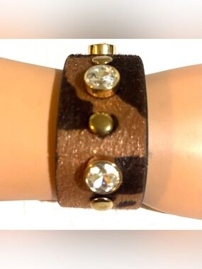 Brown Suede Crystal Stud Wide Cuff Bracelet - Women Jewelry